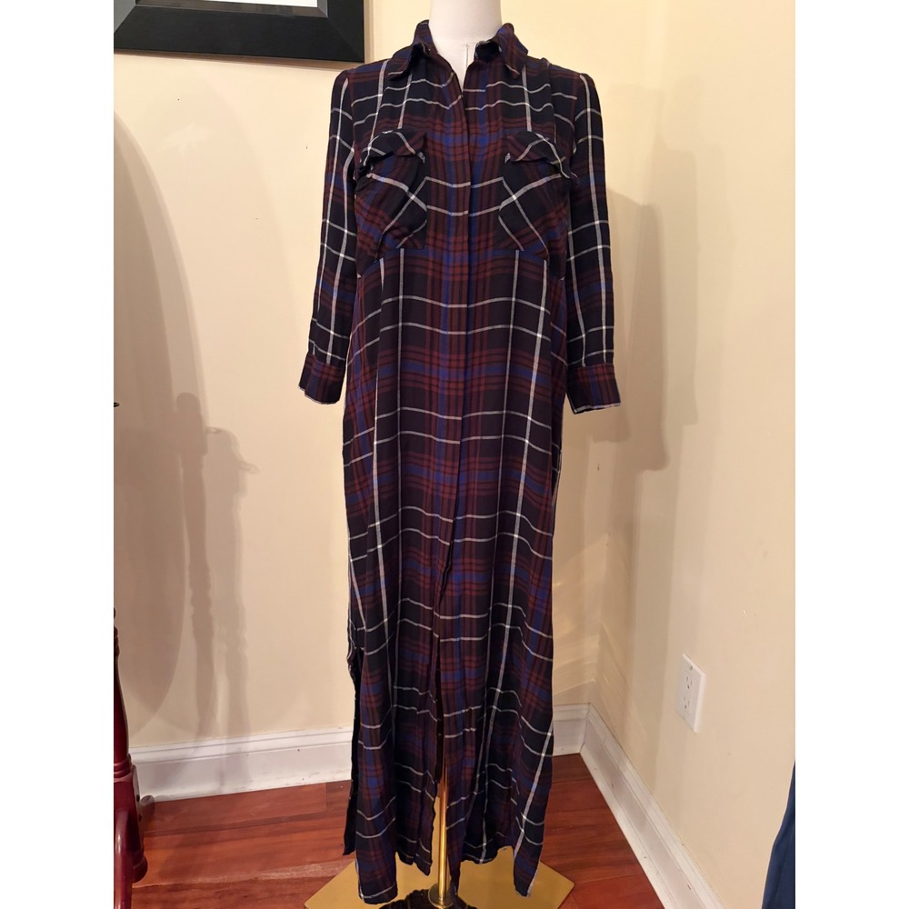 L'AGENCE Cameron Plaid Rayon Maxi Shirt Dress with Pockets XS NO BELT - Picture 2 of 8